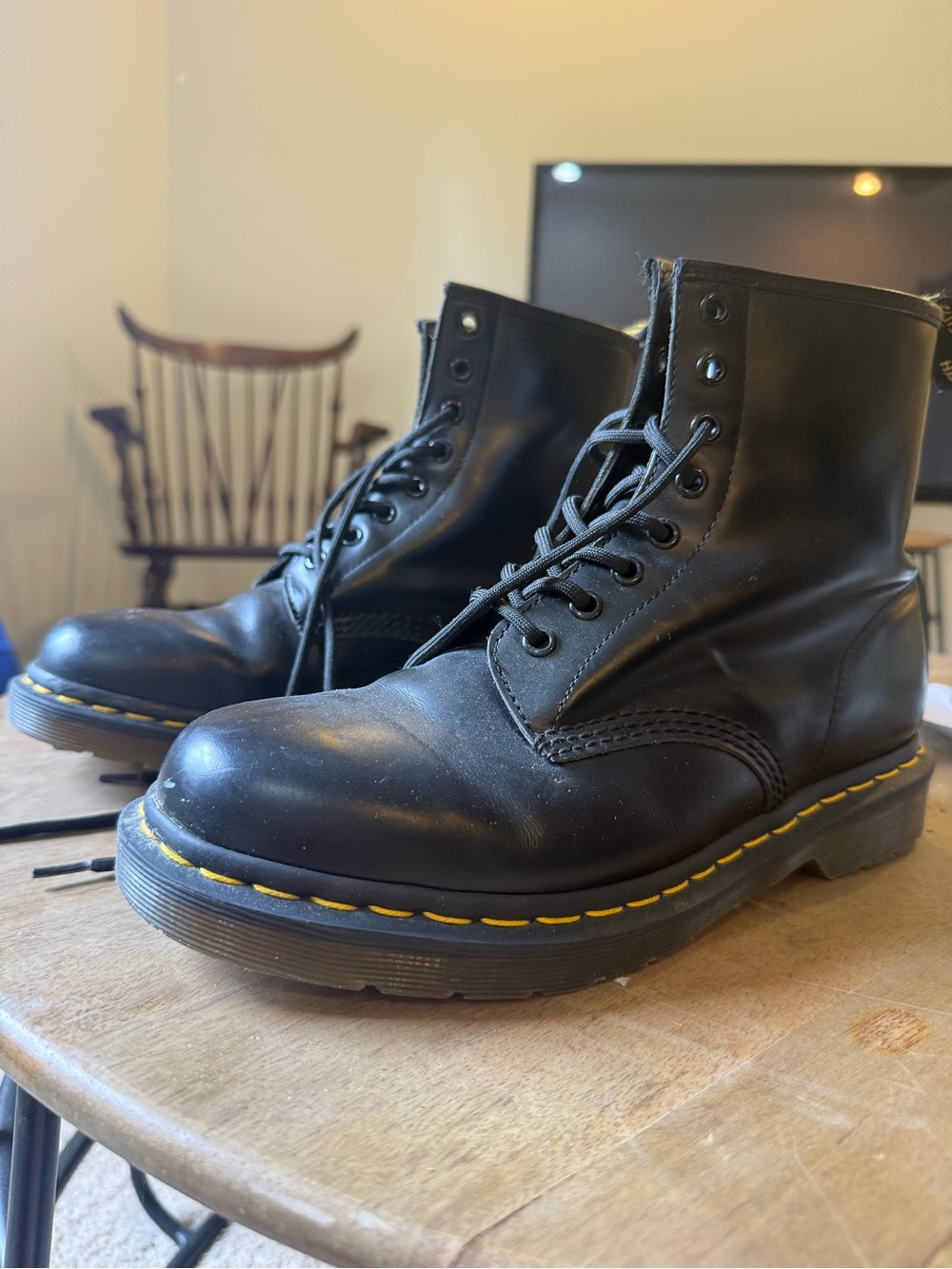 Dr. Martens Black Leather 8-Eye Boots with Yellow Welt